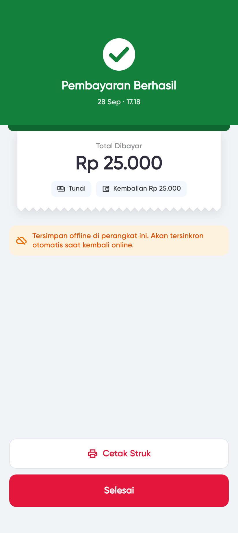 Pembayaran berhasil saat offline: tersimpan di perangkat, tersinkron saat online