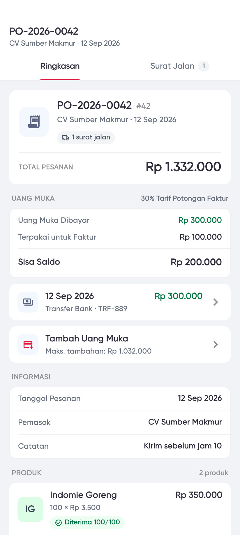 Pesanan pembelian ke CV Sumber Makmur: total, uang muka, surat jalan