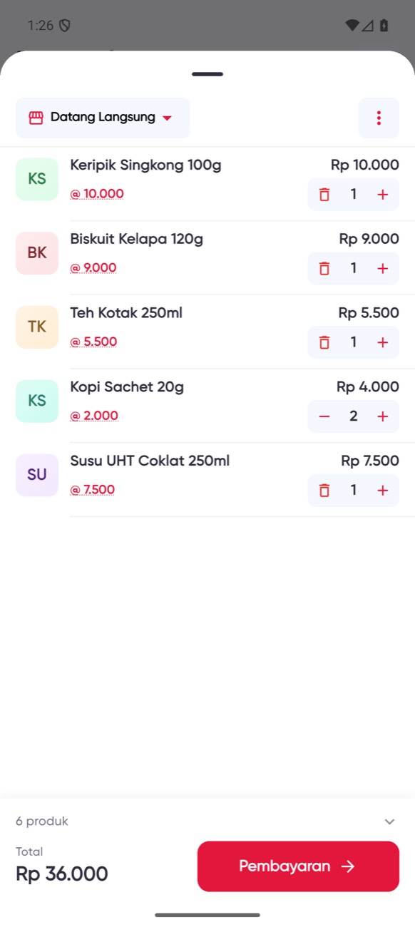 Keranjang kasir berisi 6 produk